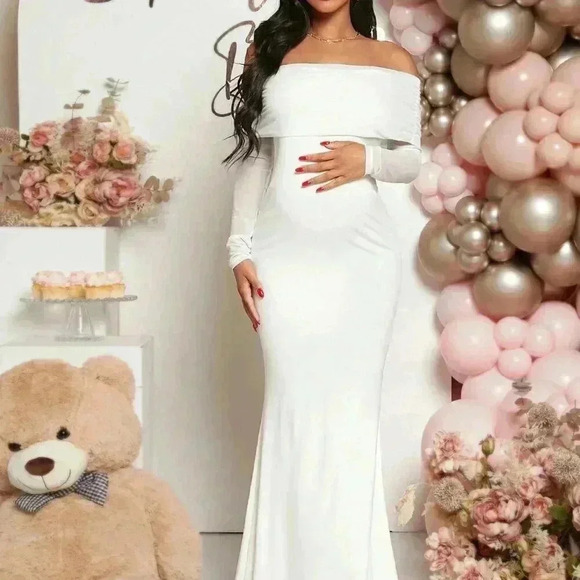 White Elegant Women's Maternity Off Shoulder Foldover Front Floor Length Dress - Picture 4 of 6